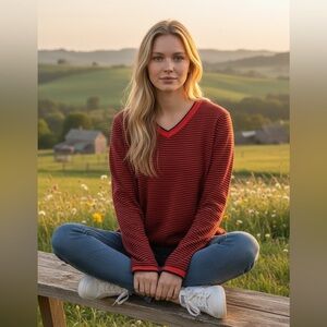 TITLE NINE Pullover Sweater Long  Sleeves V-neck Orange Maroon Stripe Golf Large